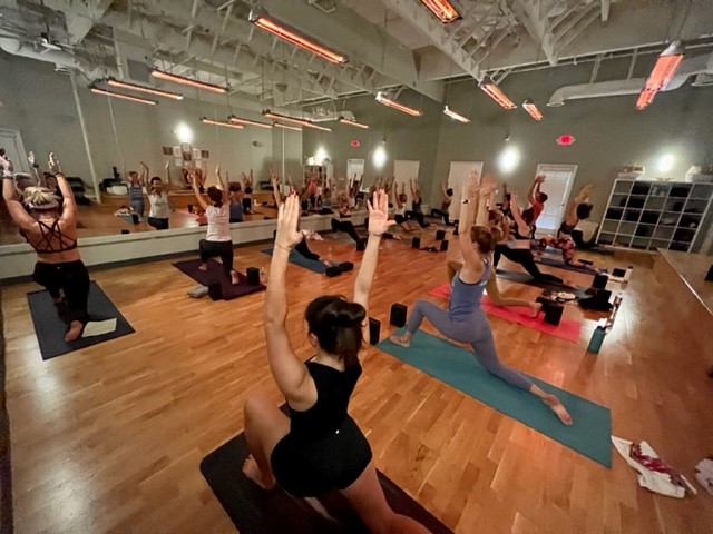Hot yoga class in session